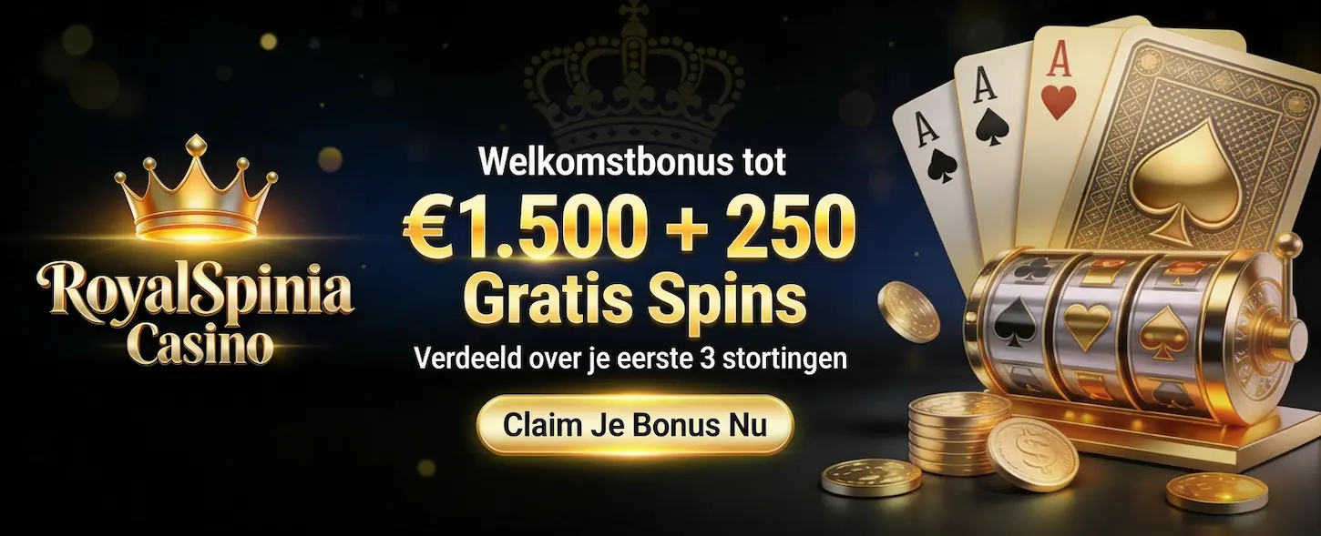 RoyalSpinia Casino biedt een welkomstbonus tot €1.500 plus 250 gratis spins voor Nederlandse spelers.