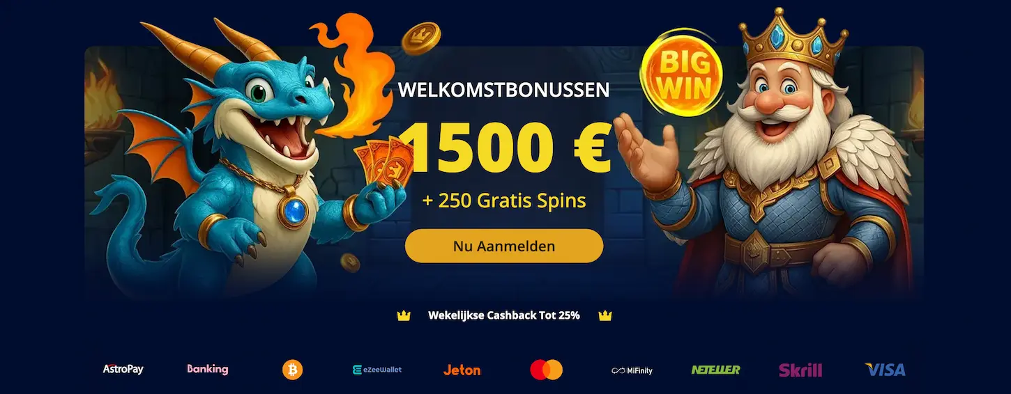 RoyalSpinia welkomstbonus €1500 + 250 gratis spins en 25% wekelijkse cashback